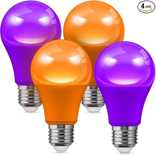 L LOHAS LED Halloween Orange Purple LED Light Bulbs Outdoor [4-Pack], 9W(60W Equivalent) A19 Orange Purple Colored Light Bulb Indoor, E26 Base, Not-Dim