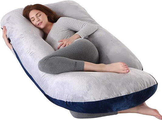 ALLOPERA Pregnancy Pillow, Full Body Maternity Pillow 57 inch, with Removable Washable Cover - Sleep Support for Legs, Back, Neck, Shoulder, HIPS, Belly, Velvet Cover-Grey-Dark Blue