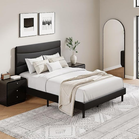 GarveeHome Full Modern Upholstered Bed Frame with Soft Padded Headboard,Sturdy Metal Steel Slat Support, Noise-Free Quiet Design,Easy Assembly,Heavy Duty Stable Bed Frame(Black)