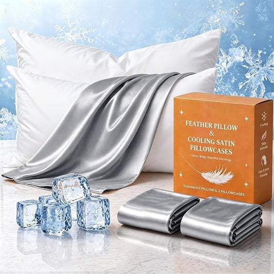 BHZ Grey Satin Goose Down Feather Pillows Standard Size Set of 2 with Pillowcase for Hair and Skin, Cooling Pillow Cases Similar to Silk Pillow Cases, Decor for Women, Mom Men
