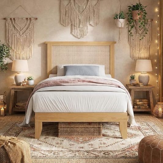 IDEALHOUSE Rattan Bed Frame Twin Size with Natural Rattan Headboard & LED Lights, Wood Twin Bed Frame with Solid Wood Foundation, No Box Spring Needed, Natural