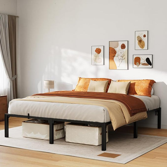 16 Inch King Metal Bed Frame, Heavy Duty Metal Platform Bed Frame with Reinforced Slats Support, 800 Lbs Load Capacity, Noise Free, No Box Spring Needed and Screws , Tool-Free Assembly Bed Frame