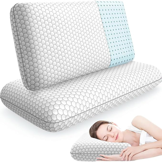 CushyOasis Memory Foam Pillows for Side, Back and Stomach Sleepers, Set of 2, Bed Pillow with Washable Cover and Breathable Mesh, Bed Pillow for Sleeping (Light Grey，Queen Size)
