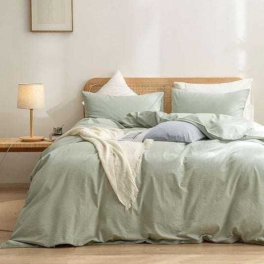 BESTOUCH Duvet Cover Set 100% Washed Cotton Linen Feel Super Soft Comfortable Chic Lightweight 3 PCs Home Bedding Set Solid Sage Green Oversized Full