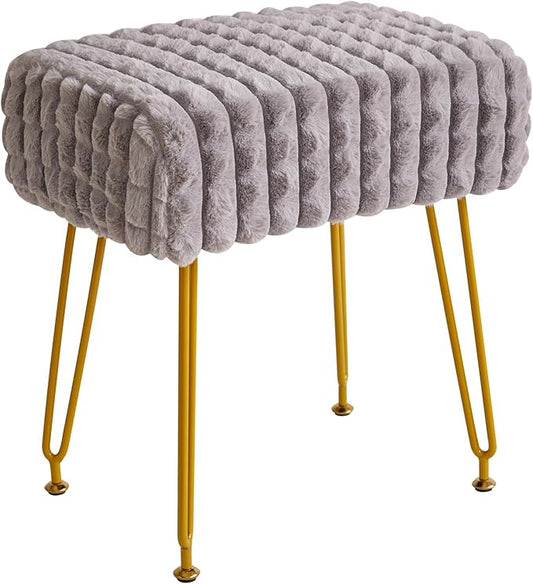 IBUYKE Rectangular Footrest Stool Ottoman, Makeup Vanity Stool Side Table, Velvet Dressing Table Seat, Footstool Chair, Golden Steel Legs, for Makeup Room, Bedroom, Square Grid Pattern, Grey WBD003G