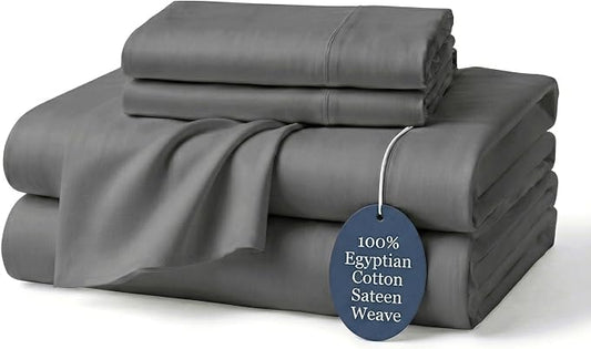 100% Egyptian Cotton Sheets California King Dark Grey - Luxury Hotel Collection Sheet Set, Cooling & Breathable Sateen Weave, Anti Pilling Extra Long Staple Cotton, 16" Deep Pocket - 4Pc