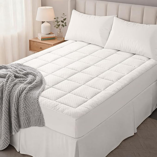 OLANLY Cal King Quilted Fitted Mattress Pad, Elastic Fitted Mattress Topper, Cooling Soft Mattress Cover Stretches up to 21 Inches Deep, Machine Washable Mattress Protector (72x84 inch, Off White)