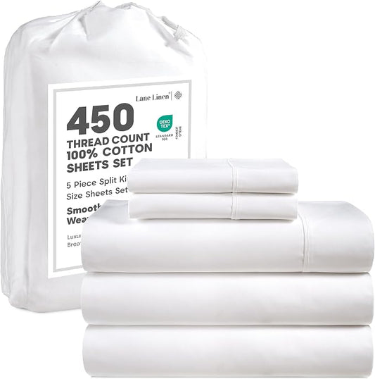 LANE LINEN 450 Thread Count 100% Cotton Split King Sheets Set for Adjustable Beds, 15" Deep Pocket Soft & Comfy Sustainably Produced Split King Sheet, Naturally Cooling Cotton Sheets -White