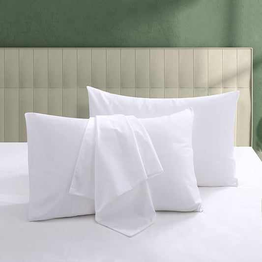 100% Egyptian Cotton Bed Pillow Protectors Set of 4, 600 Thread Count Queen Size Pillow Cases with Zipper, Sateen Weave Cooling Cases Quiet, Breathable, Easy Care (4PCS, Queen, White)