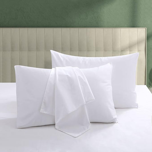 100% Egyptian Cotton Pillow Protectors Set of 2, 600 Thread Count King Size Bed Pillowcase with Zipper, Sateen Weave Cooling Pillow Cover Quiet and Breathable Easy Care (2PCS, King, White)