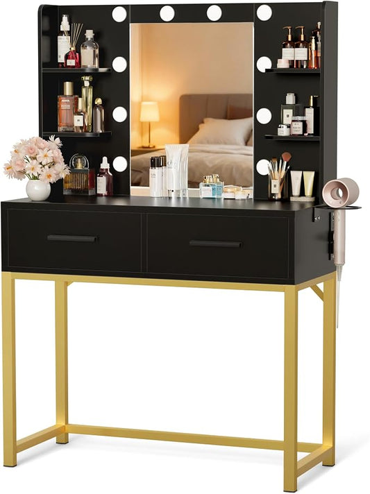 YESHOMY Vanity Desk with Mirror, Makeup Table with 2 Large Drawers, Power Outlet and Round Holder, 3 Color Modes Adjustable Bulb, Pure Black & Gold Frame