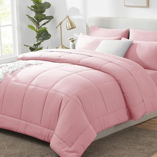 CozyLux Full Size Comforter Set Pink, 7 Pieces Bed in a Bag, Pink Comforter Full Size, All Season Bedding Sets with Stitch Quilted Comforter, Flat Sheet, Fitted Sheet, Pillowcases