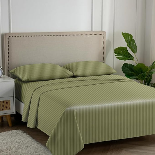 Carressa Linen Luxury Egyptian Cotton Queen Stripe Sheet Set - 600 Series Hydrangeas Collection Long Staple Queen Damask Sheets Set (4 PC, Sage Green Stripe), Sateen Sheets Upto 18 in Deep Pocket