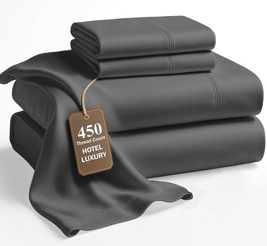 LANE LINEN California King Sheet Sets - 450 Thread Count Premium Sateen Weave - 100% Cotton Sheets for Hotel Quality Softness - 15'' Deep Pocket for Snug Fit to Your Mattress - Charcoal