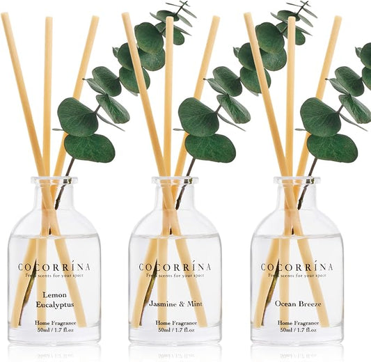 COCORRÍNA Eucalyptus Reed Diffuser Set of 3 - Lemon Eucalyptus, Jasmine & Mint, Ocean Breeze Scents, 1.7 fl oz Each, Total 5.1 oz, Scented Oil Diffusers for Home & Office