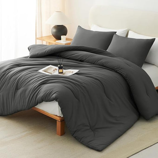 CozyLux King Size Comforter Set Dark Grey, 3 Pieces Solid Comforters King Size Breathable Bedding Sets, Dark Gray Luxury Soft Lightweight Bed Set with Down Alternative Comforter and 2 Pillowcases