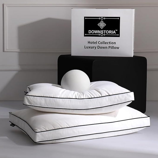 DOWNSTORIA Feather Down Pillows Standard Size Set of 2 with Gusset, Luxury Hotel Collection Bed Pillow 2 Pack, Down Surrounded Gusseted Pillows for Sleeping, Soft for Side, Back Sleepers 20x26 in.