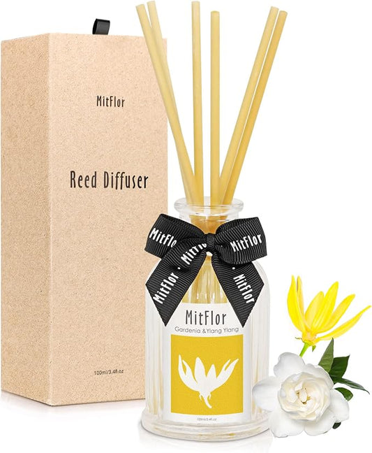 Fragrance Diffuser, MitFlor Gardenia &Ylang Ylang Reed Diffuser Gift Set, Natural Room Freshener with Rattan Sticks, Scent Oil Diffuser for Living Room, Bedroom, Bathroom, and Home Decor, 3.4 fl oz