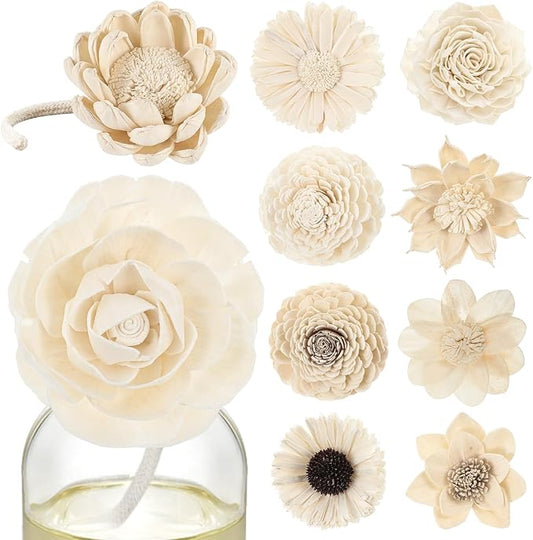 Waydress 15 Pcs Diffuser Mixed Sola Flowers Natural Material Aromatherapy Reed Wood Flowers Decorative Aromatherapy Flower Placement Refill Wood Flower Diffuser with Rope(3.15-3.35 Inches,Fresh)