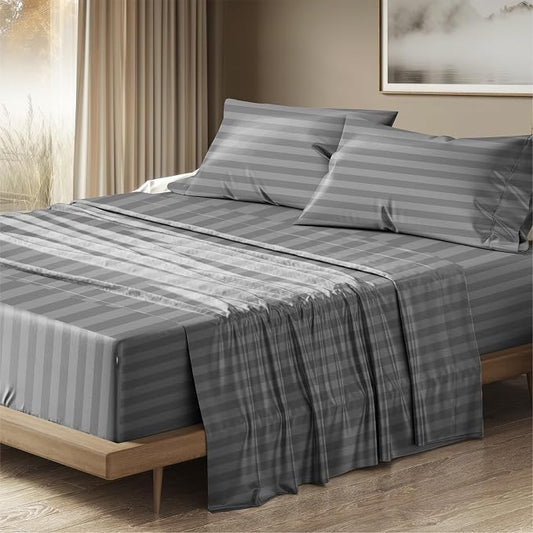 THREAD SPREAD 100% Egyptian Cotton Damask King Size Sheets Set - Luxury 1500 Series Egyptian Cotton Sheets King Size (4 PC, Dark Grey Stripe), Silky Soft, Sateen & Cooling, 17" Deep Pocket Bed Set