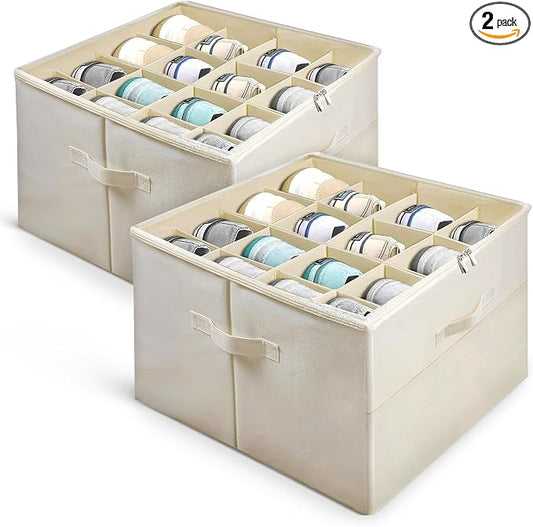 Under Bed Shoe Storage Organizer 16 Compartment, Foldable Shoe Organizer Under Bed with Clear PVC Lid, Shoe Storage Box with Zipper & Handle for Closet Bedroom, Off White, Pack of 2