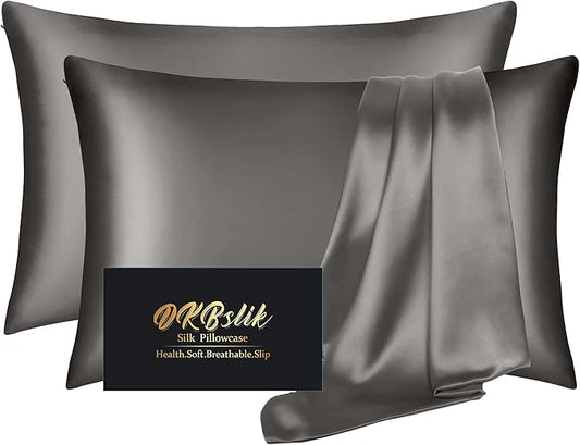 Silk Pillowcase 2 Pack, Mulberry Silk Pillow Cases Queen Size Set of 2, Anti Acne Silk Pillowcase for Hair and Skin, Natural Silk Satin Pillowcases Gifts for Women Men 2 Pack with Zipper, Dark Gray