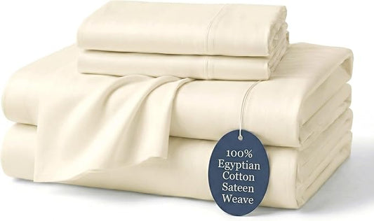 100% Egyptian Cotton Sheets Full Ivory - Luxury Hotel Collection Full Size Sheet Set, Cooling, Smooth & Breathable Sateen Weave, Anti Pilling Extra Long Staple Cotton, 16" Deep Pocket - 4Pc