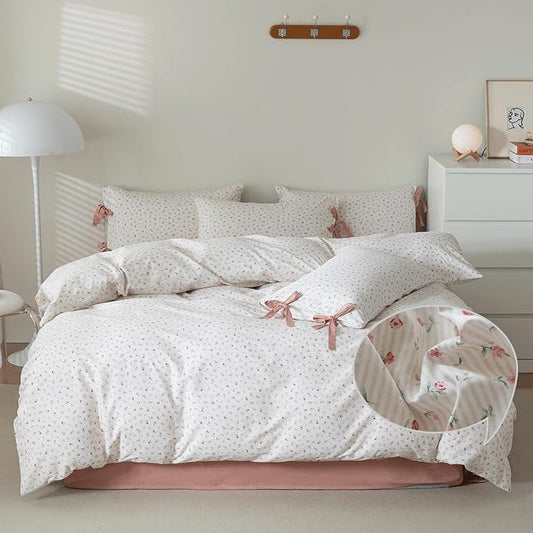 VM VOUGEMARKET Full Duvet Cover Set,3 Pieces Pink Flower Stripes Prints Duvet Cover with 2 Bowknot Pillowcases Vintage Floral Bedding Set Full Size 80"x90",Off-White/Cream