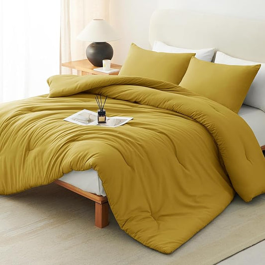 CozyLux Queen Comforter Set Mustard Yellow, 3 Pieces Solid Comforters Queen Size Breathable Bedding Sets, Luxury Soft Lightweight Bed Set with Down Alternative Comforter and 2 Pillowcases All Seasons