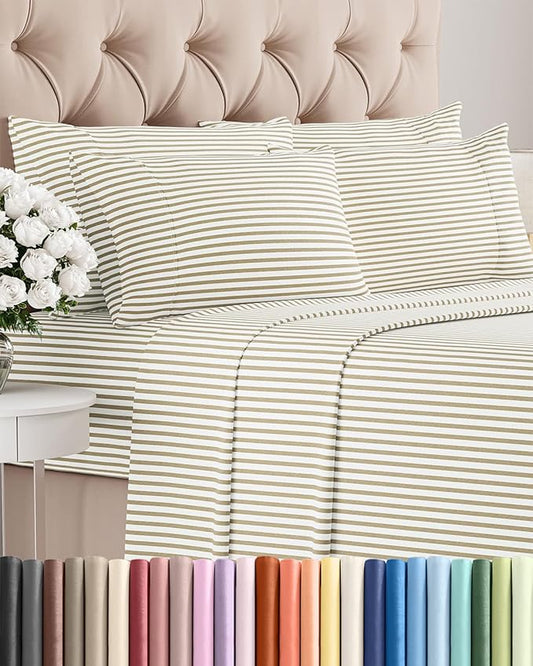 King 6 Piece Sheet Set - Comfy, Breathable & Cooling - Soft Hotel Luxury Bedding for Women, Men, Kids, Teens and Children - 1 Flat & 1 Fitted Sheet & 4 Pillowcases with Deep Pockets - Beige Stripes 2