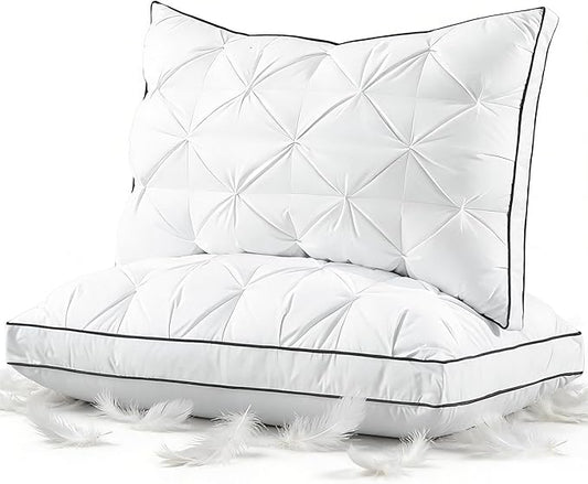 Premium Hybrid Goose Feather Down Pillows Queen Size Set of 2 with 100% Organic Cotton Cover, Hotel Collection Bed Pillows for Sleeping, White Fluffy Soft Gusseted Pillows (18"x28"+2" Gusset)