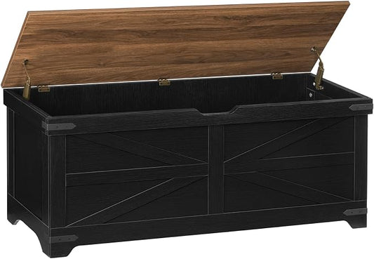 MAHANCRIS Large Toy Chest, 47.2" Wooden Toy Box with 2 Safety Hinges, Farmhouse Style Storage Bench, Blanket Storage Chest for Living Room, Entryway, Bedroom, Black+Walnut SCHZ18601