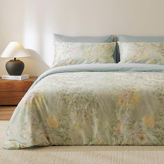 VM VOUGEMARKET French Country Sage Green Duvet Cover Set Queen,Watercolor Floral Print Long Staple Cotton Bedding Set,Shabby Chic Botanical Duvet Cover for Spring & Summer