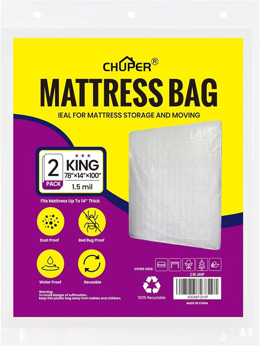 2 PK King/California King Mattress Bag for Moving, Waterproof Plastic Mattress Cover & Mattress Bag for Disposal