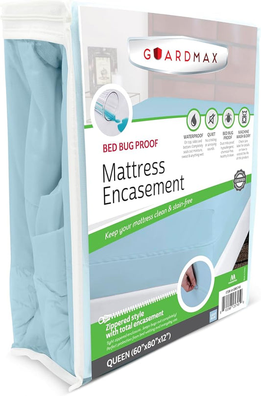 Guardmax Queen Mattress Encasement with Zipper, Waterproof, Bed Bug Proof, and Dust Mite Proof Mattress Protector for Queen Size Bed up to 12" Deep, Zippered All Around Jersey Knitted Mattress Cover