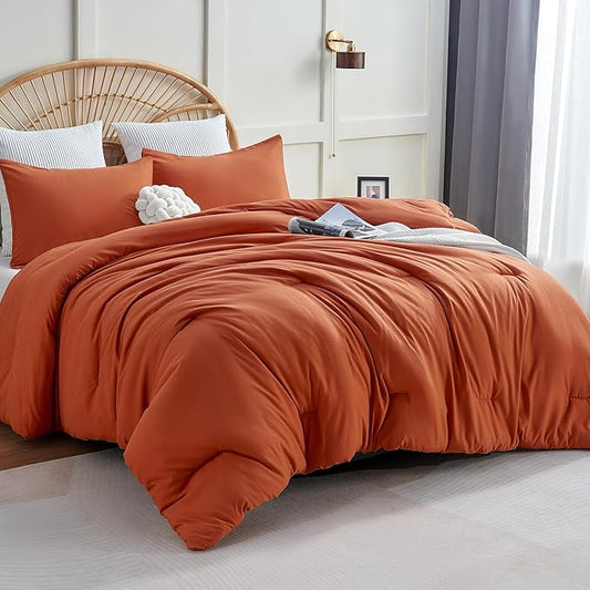 CozyLux California King Comforter Set Burnt Orange, 3 Pieces Cal King Terracotta Solid Breathable Bedding Sets, Luxury Soft Lightweight Bed Set with Down Alternative Comforter and 2 Pillowcases