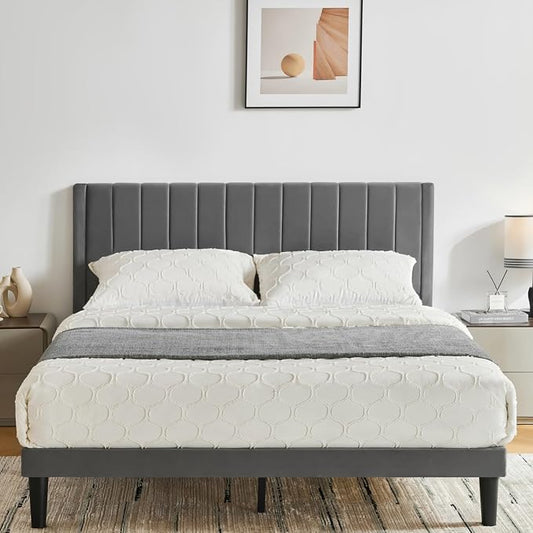 Full Bed Frame Upholstered Platform,Full Size Bed Frame with Velvet Headboard,Non-Slip and Noise-Free/Wooden Slats Support/No Box Spring Needed/Easy Assembly/Mattress Foundation (Grey, Full)