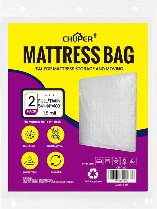 2 Pack Full/Twin XL Mattress Bags for Moving Storage, Full Size Mattress Bag for Disposal, Waterproof Plastic Mattress Cover for Moving