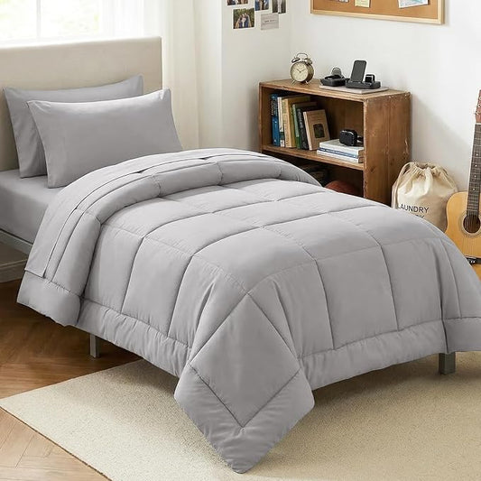 CozyLux Twin Comforter Set with Sheets French Grey, 5 Pieces Bed in a Bag, Gray Comforter Twin Size, All Season Bedding Set with Stitch Quilted Comforter, Flat Sheet, Fitted Sheet, Pillowcases