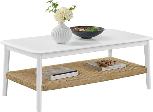 Alaterre Furniture Calais 48 Inch Rectangular Wood Coffee Table with Woven Storage Shelf – Mid Century Modern 2-Tier Living Room Table (White)
