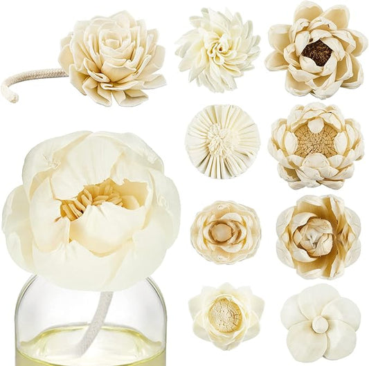 Waydress 15 Pcs Diffuser Mixed Sola Flowers Natural Material Aromatherapy Reed Wood Flowers Decorative Aromatherapy Flower Placement Refill Wood Flower Diffuser with Rope(Various,Cute)