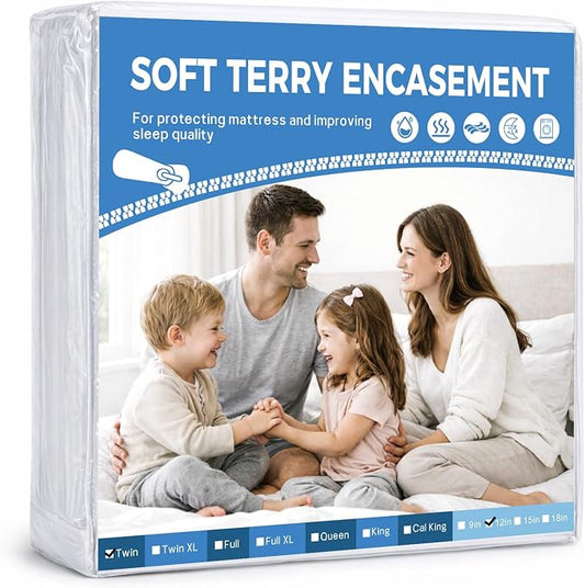 HUPPER Twin Mattress Protector Zippered (9/10/11/12Inchs), Terry Cloth Mattress Encasement for Kids, 6-Side Waterproof Mattress Cover, Micro Zipper, Noiseless, for Queen Mattress 39 * 75