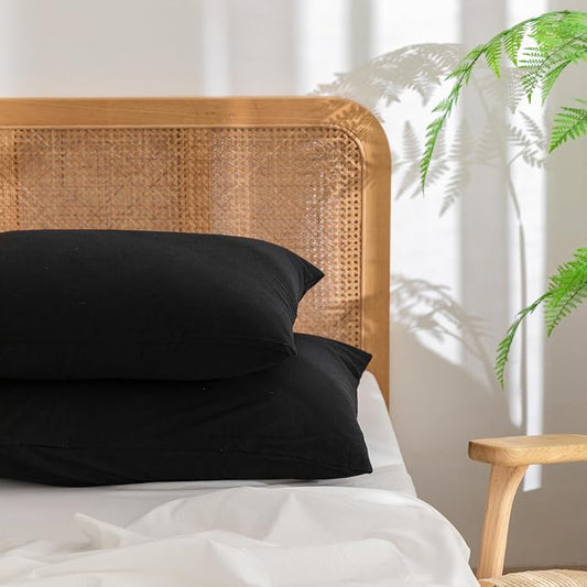 BESTOUCH 100% Washed Cotton Pillowcase for Hair and Skin Linen Feel Soft Comfortable Breathable 2 Set Pillow Case with Envelope Closure Solid Deep Dark Black King 20x36 Inches