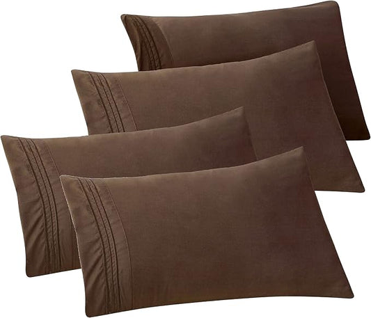 Elegant Comfort 4-PACK Solid Pillowcases 1500 Premium Hotel Quality Microfiber - Smooth Weave, Wrinkle and Stain Resistant, Easy Slip-On, 4-Piece Set, Standard/Queen Pillowcase, Brown