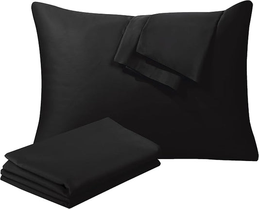 100% Egyptian Cotton Standard Pillow Protectors Set of 4, 400 Thread Count Sateen Weave Cooling Pillowcase, Easy Care Zippered Style Pillow Covers (4 Pack, Black, Standard)
