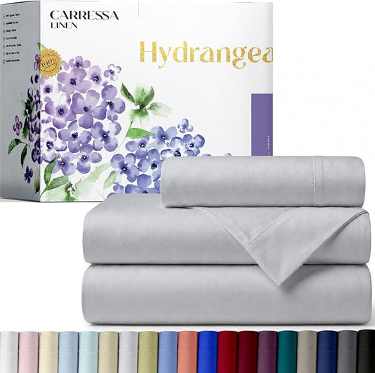 Carressa Linen 100% Egyptian Cotton Twin XL Sheets Set - 600 Series Hydrangeas Collection Luxury Egyptian Cotton Sheets Twin XL Size (3 PC, Silver), 16" Deep Pocket, Sateen Weave Bedding