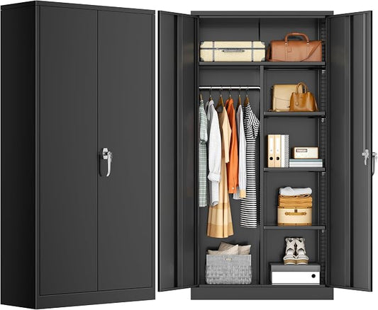 INTERGREAT Metal Wardrobe Cabinets with Lock, 72" Clothing Storage Cabinets with Hanging Rod and 4 Adjustable Shelves, Armoire Wardrobe for Office, School, Employee, Government, Black