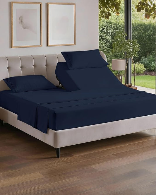 Flex Top Split Head King 4 Piece Sheet Set - Soft, Breathable & Cooling Bed Sheets Set - Hotel Luxury Bedding for Women & Men with Deep Pockets - Wrinkle Free & Fade Resistant - Oeko-Tex - Navy Blue