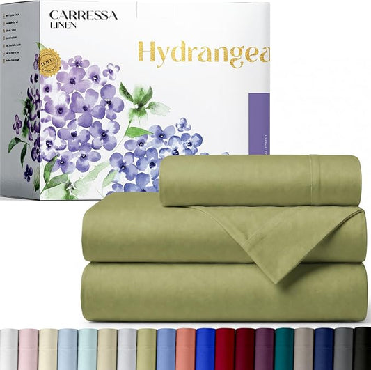 Carressa Linen 100% Egyptian Cotton Twin XL Sheets Set - 600 Series Hydrangeas Collection Luxury Egyptian Cotton Sheets Twin XL Size (3 PC, Sage Green), 16" Deep Pocket, Sateen Weave Bedding