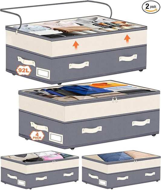 Dolicer 4 Pack Under Bed Storage with Wheels, 6in-10in Height Adjustable Underbed Storage Containers, 92L XXXL Under Bed Drawers Rolling Bin with Clear Lids for Dorm Shoes Clothes Organizer(Dark Grey)